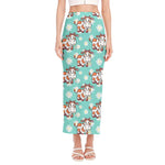 Cartoon Cow And Daisy Flower Print Side Slit Maxi Skirt