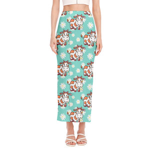 Cartoon Cow And Daisy Flower Print Side Slit Maxi Skirt