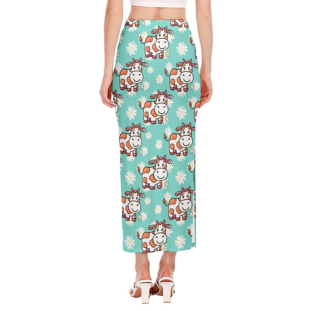 Cartoon Cow And Daisy Flower Print Side Slit Maxi Skirt