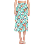 Cartoon Cow And Daisy Flower Print Side Slit Midi Skirt