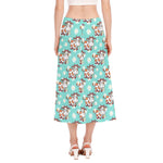 Cartoon Cow And Daisy Flower Print Side Slit Midi Skirt