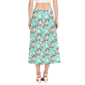 Cartoon Cow And Daisy Flower Print Side Slit Midi Skirt