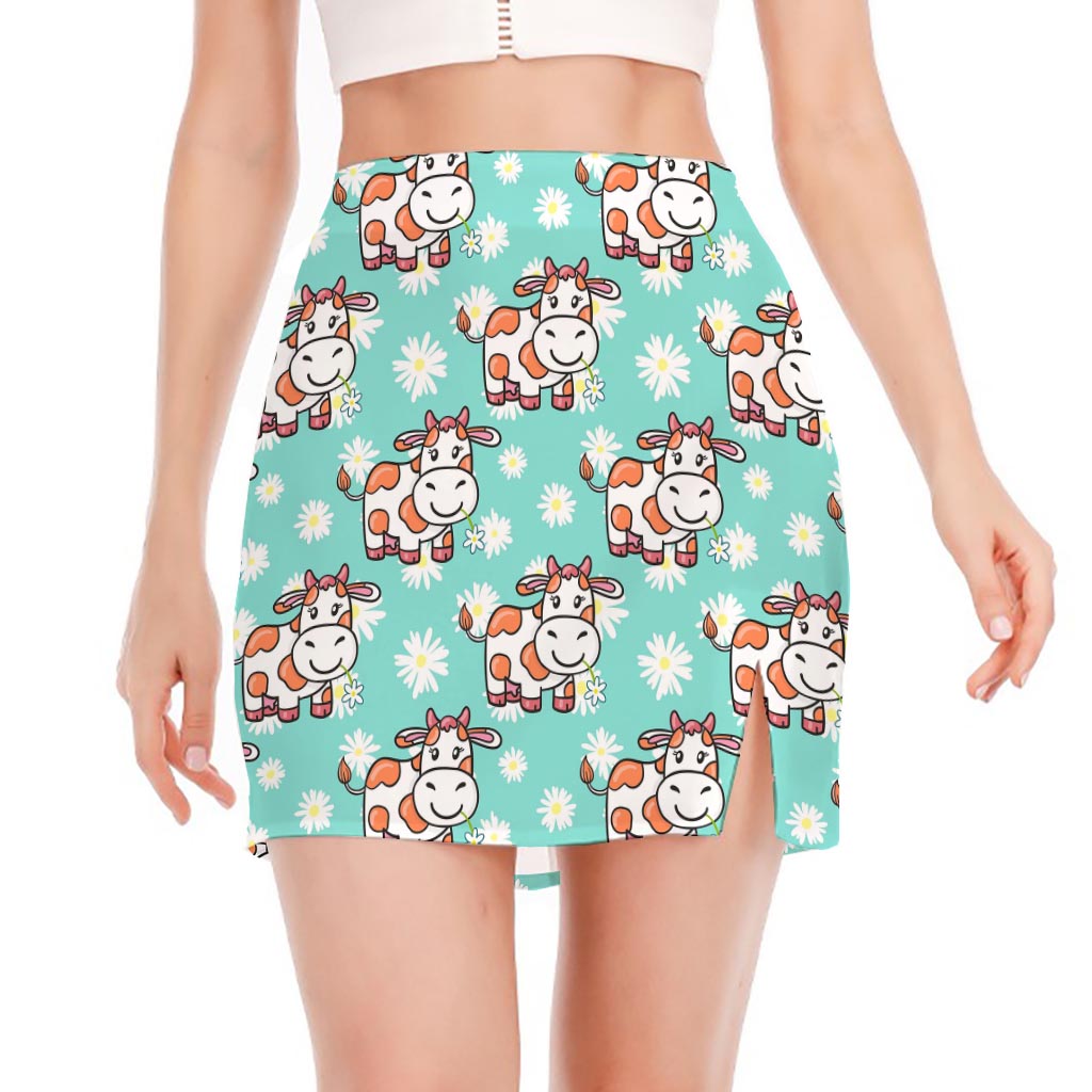 Cartoon Cow And Daisy Flower Print Side Slit Mini Skirt