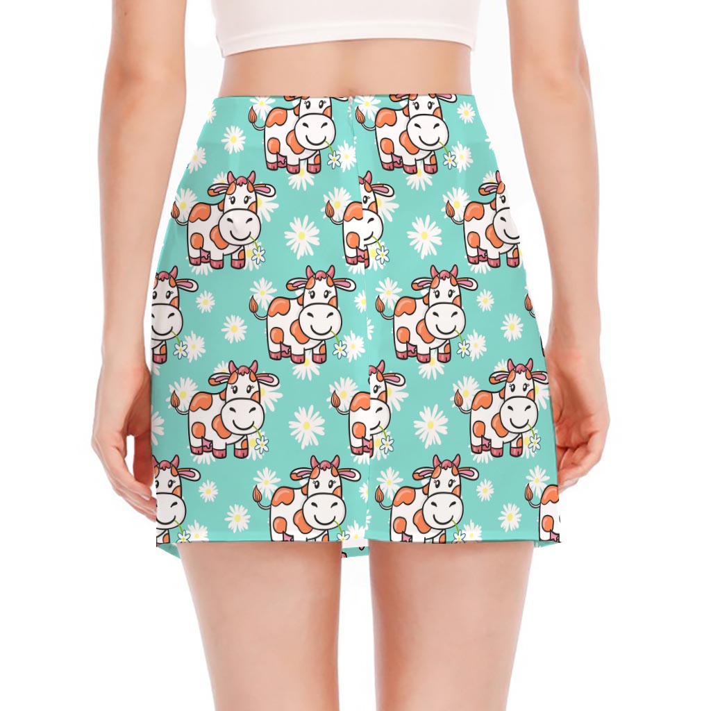 Cartoon Cow And Daisy Flower Print Side Slit Mini Skirt