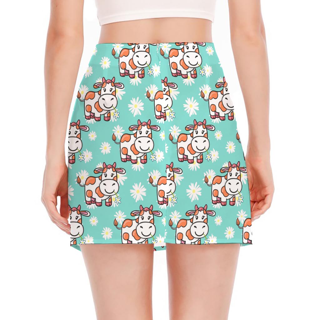Cartoon Cow And Daisy Flower Print Side Slit Mini Skirt
