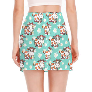 Cartoon Cow And Daisy Flower Print Side Slit Mini Skirt