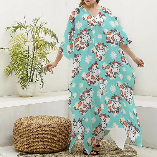 Cartoon Cow And Daisy Flower Print Silk V-Neck Kaftan Dress