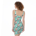 Cartoon Cow And Daisy Flower Print Sleeveless Bodycon Dress
