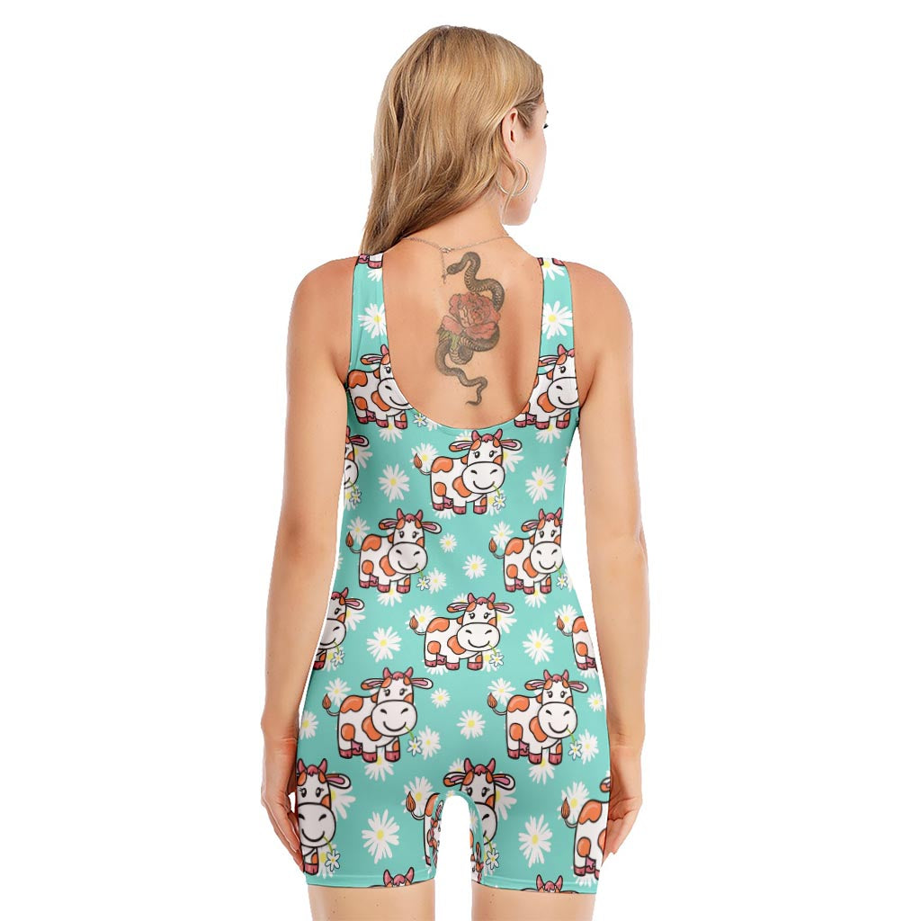 Cartoon Cow And Daisy Flower Print Sleeveless One Piece Swimsuit