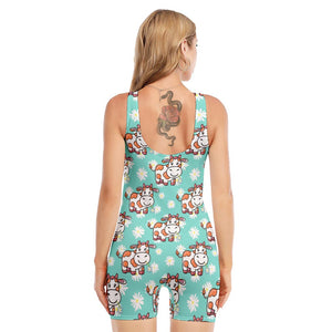 Cartoon Cow And Daisy Flower Print Sleeveless One Piece Swimsuit