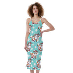 Cartoon Cow And Daisy Flower Print Slim Fit Midi Cami Dress