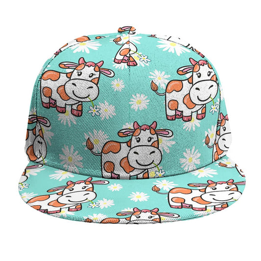 Cartoon Cow And Daisy Flower Print Snapback Cap