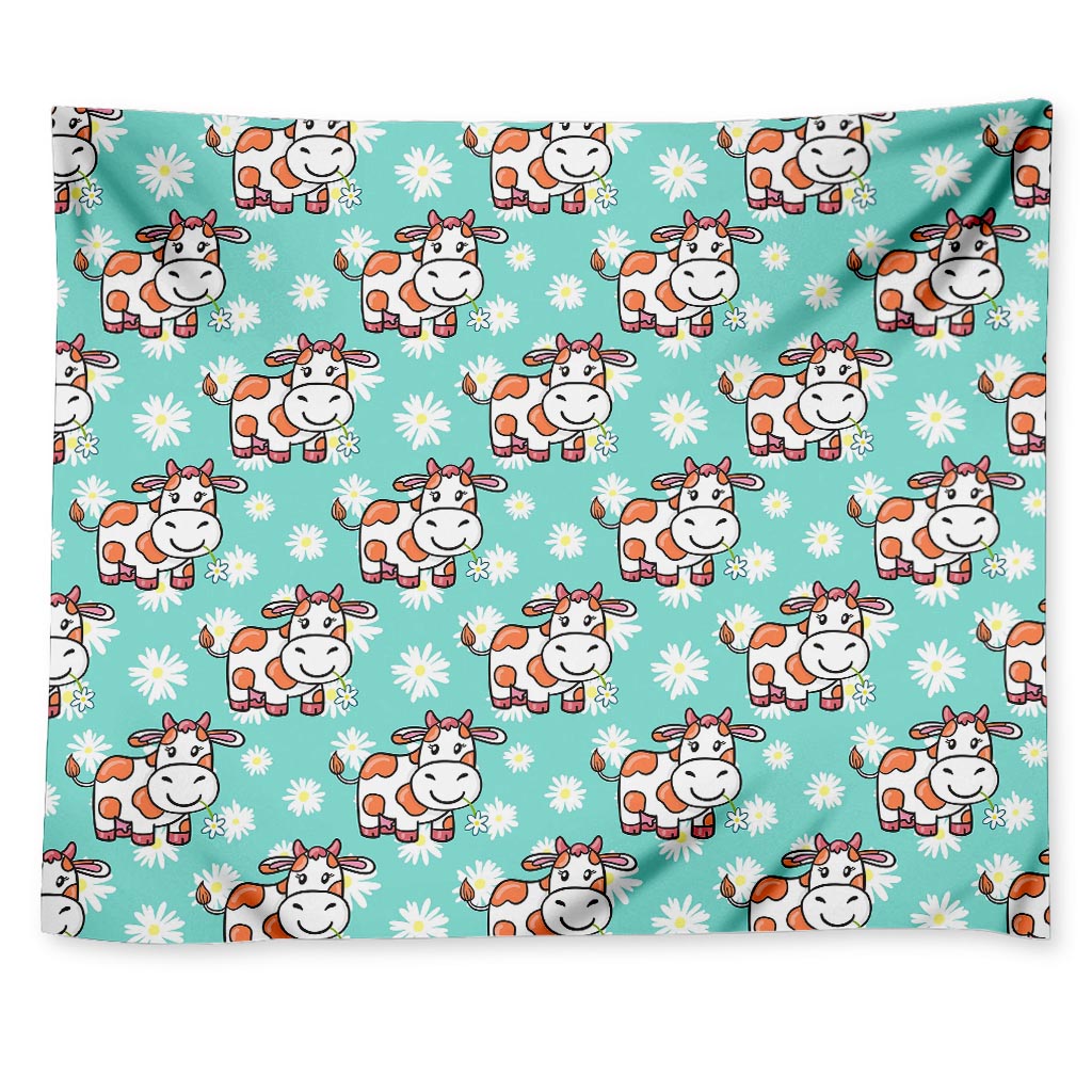 Cartoon Cow And Daisy Flower Print Tapestry