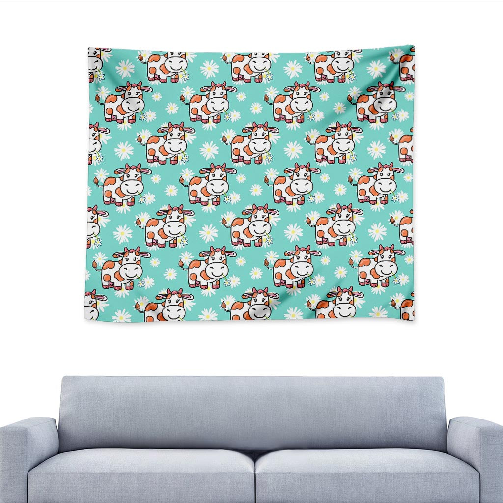 Cartoon Cow And Daisy Flower Print Tapestry