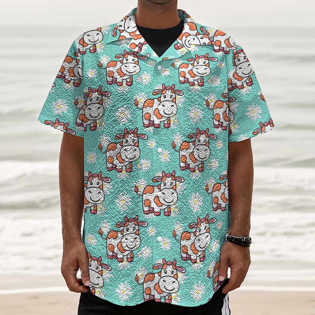 Cartoon Cow And Daisy Flower Print Textured Short Sleeve Shirt