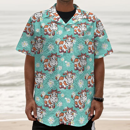 Cartoon Cow And Daisy Flower Print Textured Short Sleeve Shirt
