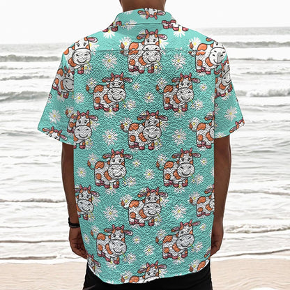 Cartoon Cow And Daisy Flower Print Textured Short Sleeve Shirt