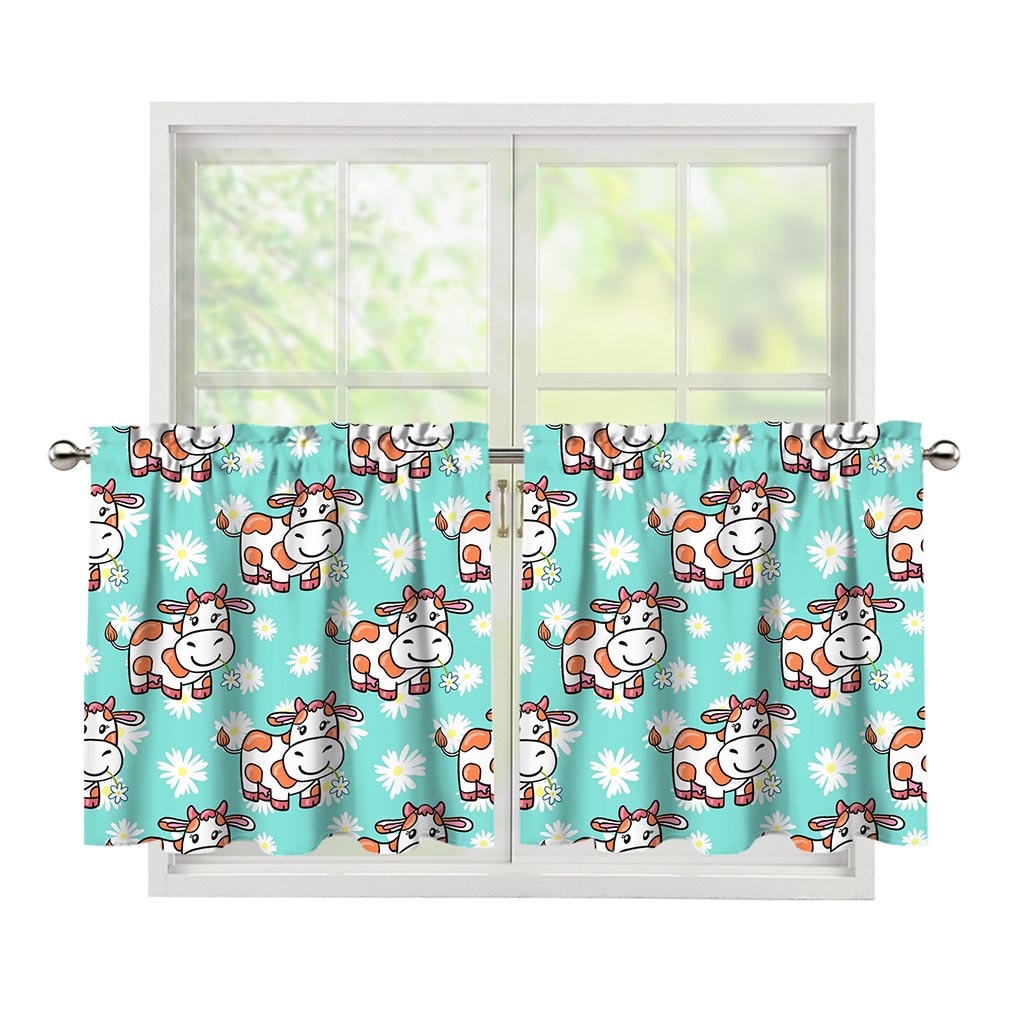 Cartoon Cow And Daisy Flower Print Tier Curtains