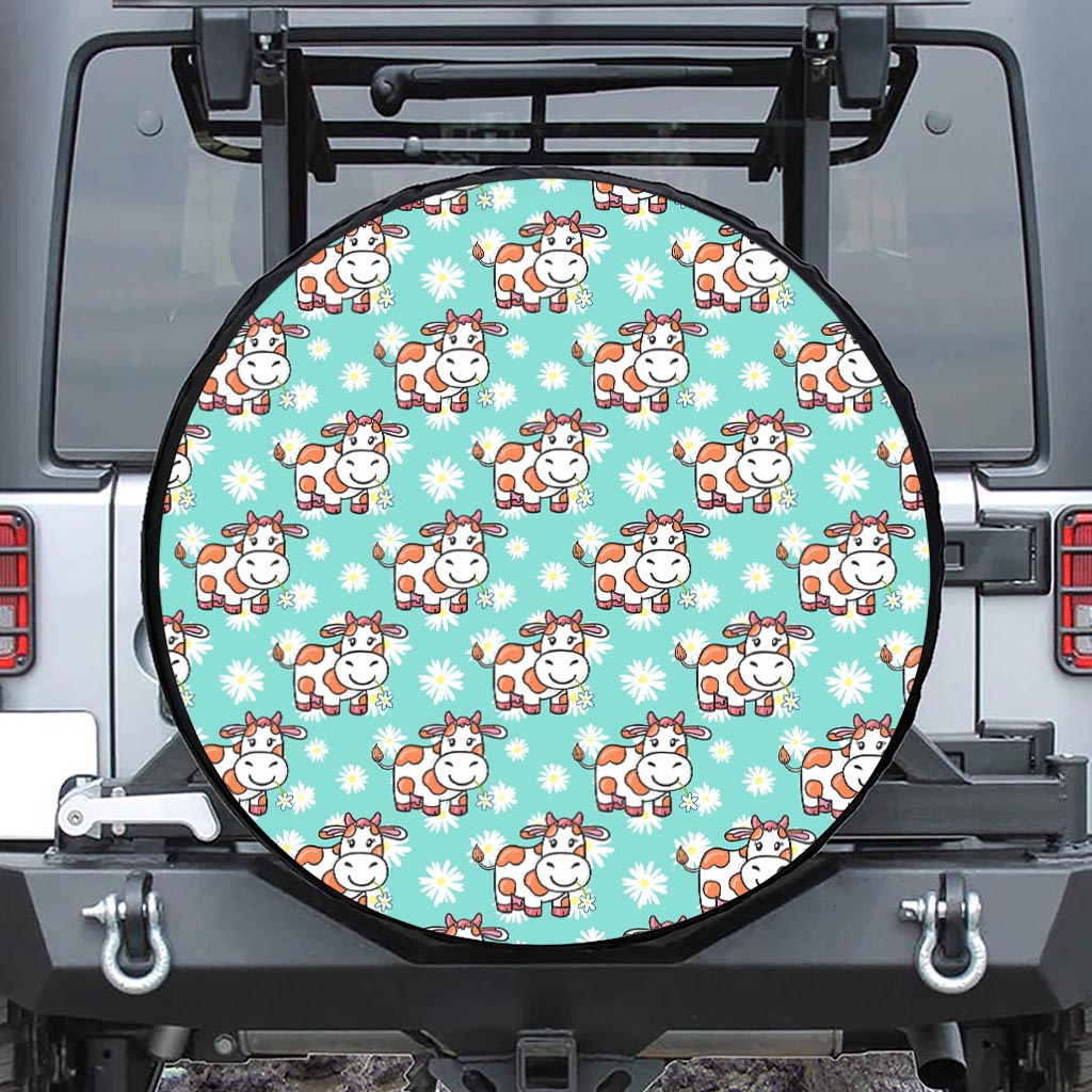 Cartoon Cow And Daisy Flower Print Tire Cover