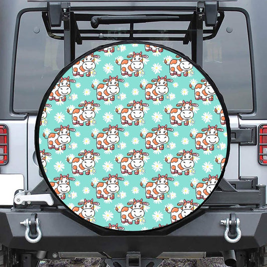 Cartoon Cow And Daisy Flower Print Tire Cover