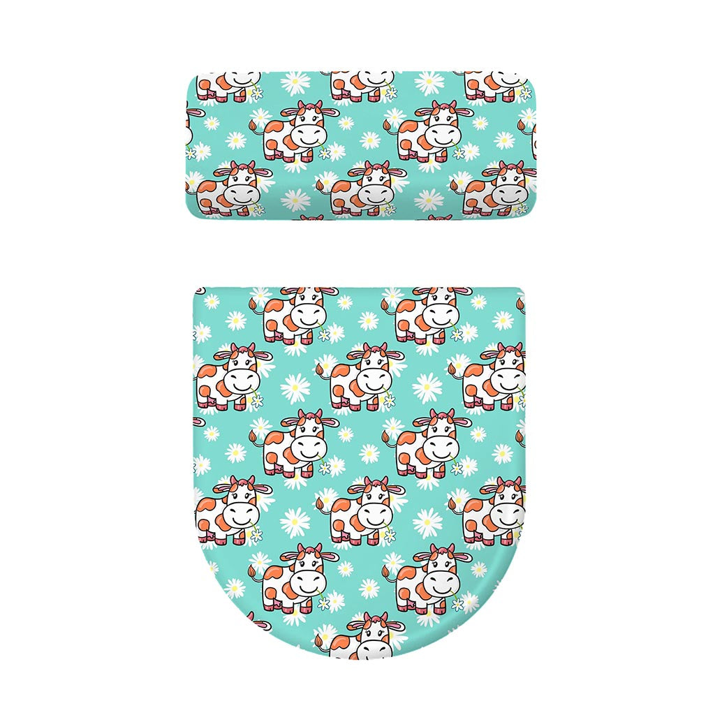 Cartoon Cow And Daisy Flower Print Toilet Lid And Tank Cover Set