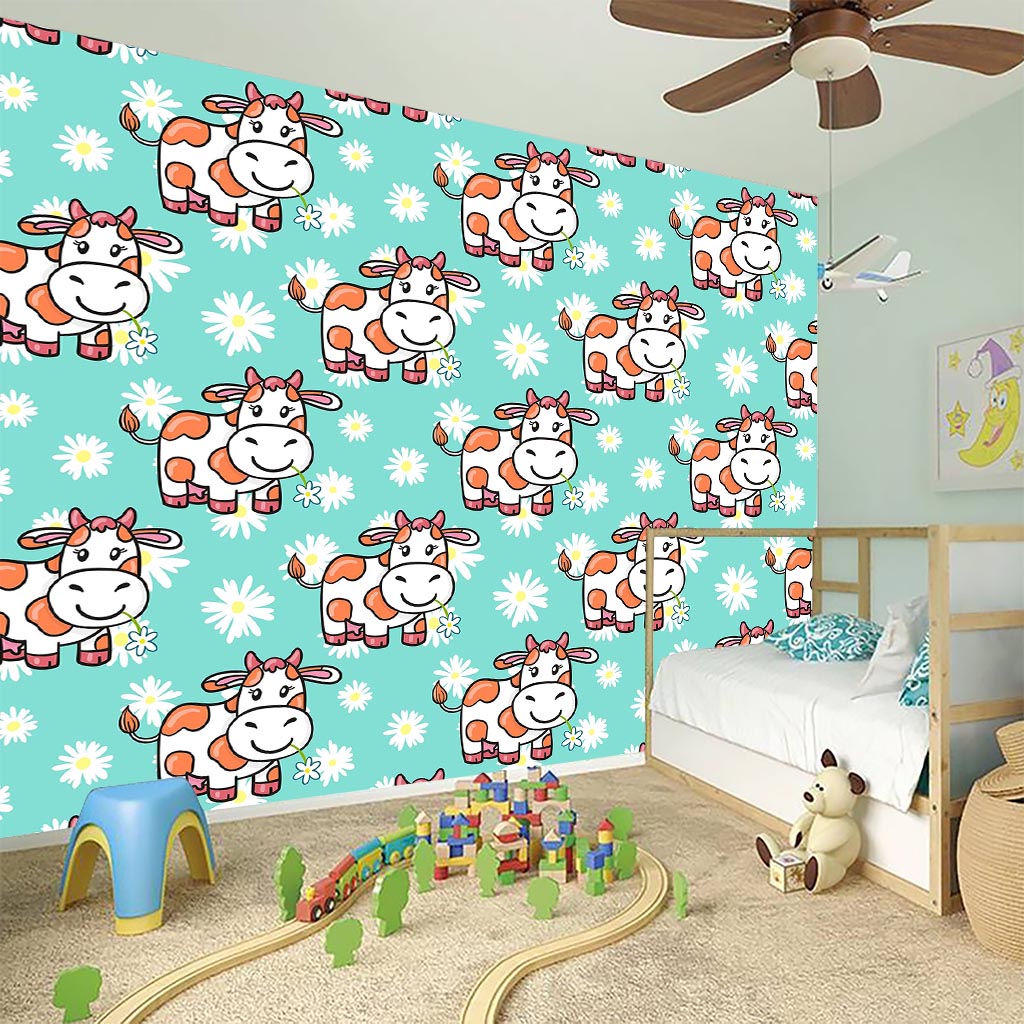 Cartoon Cow And Daisy Flower Print Wall Sticker
