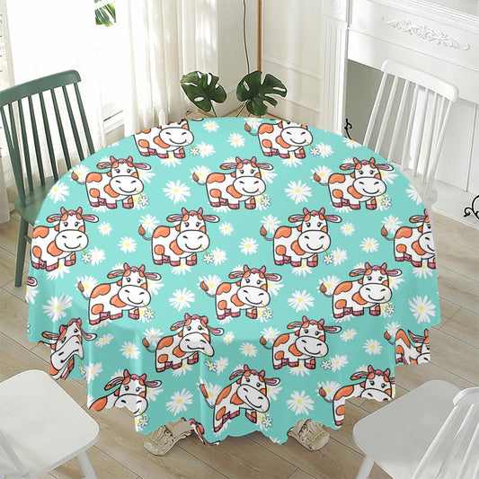 Cartoon Cow And Daisy Flower Print Waterproof Round Tablecloth