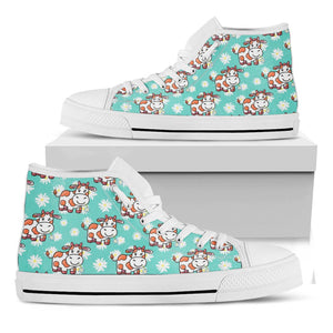 Cartoon Cow And Daisy Flower Print White High Top Sneakers