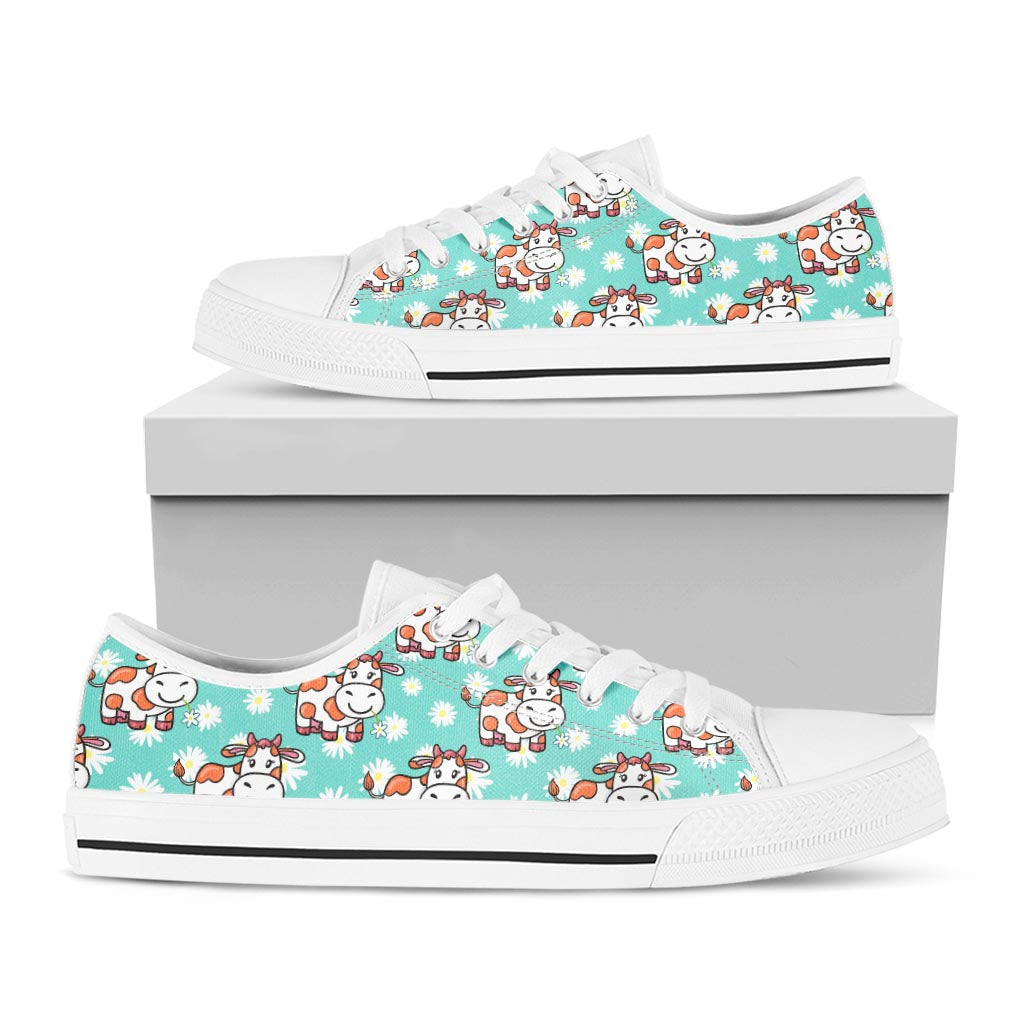 Cartoon Cow And Daisy Flower Print White Low Top Sneakers