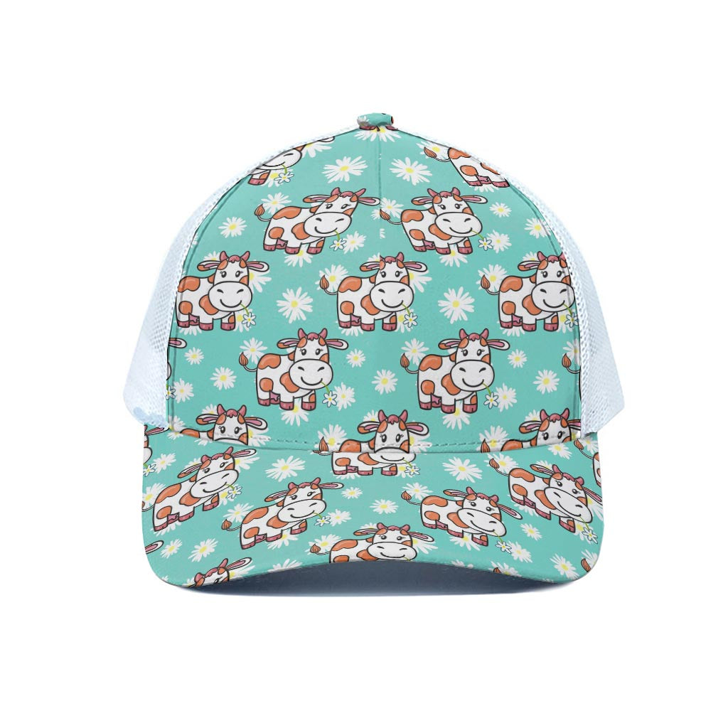 Cartoon Cow And Daisy Flower Print White Mesh Trucker Cap