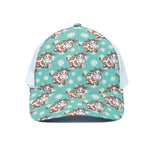 Cartoon Cow And Daisy Flower Print White Mesh Trucker Cap