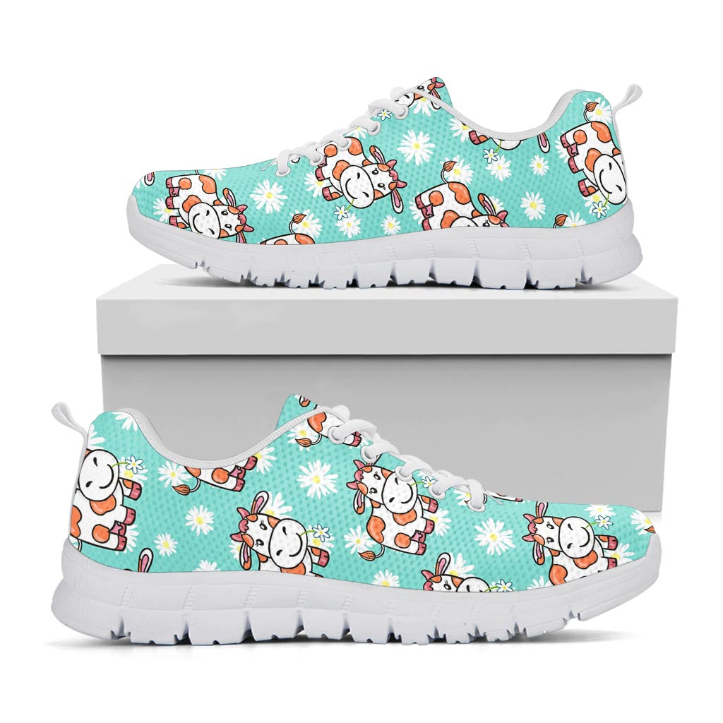 Cartoon Cow And Daisy Flower Print White Running Shoes