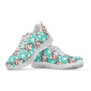 Cartoon Cow And Daisy Flower Print White Running Shoes