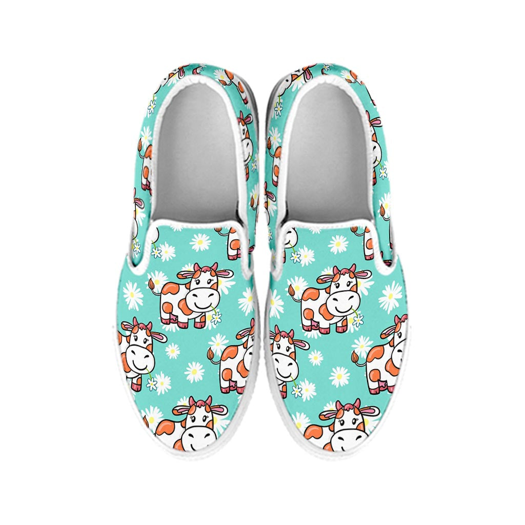 Cartoon Cow And Daisy Flower Print White Slip On Sneakers