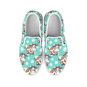 Cartoon Cow And Daisy Flower Print White Slip On Sneakers