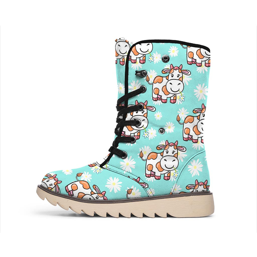 Cartoon Cow And Daisy Flower Print Winter Boots