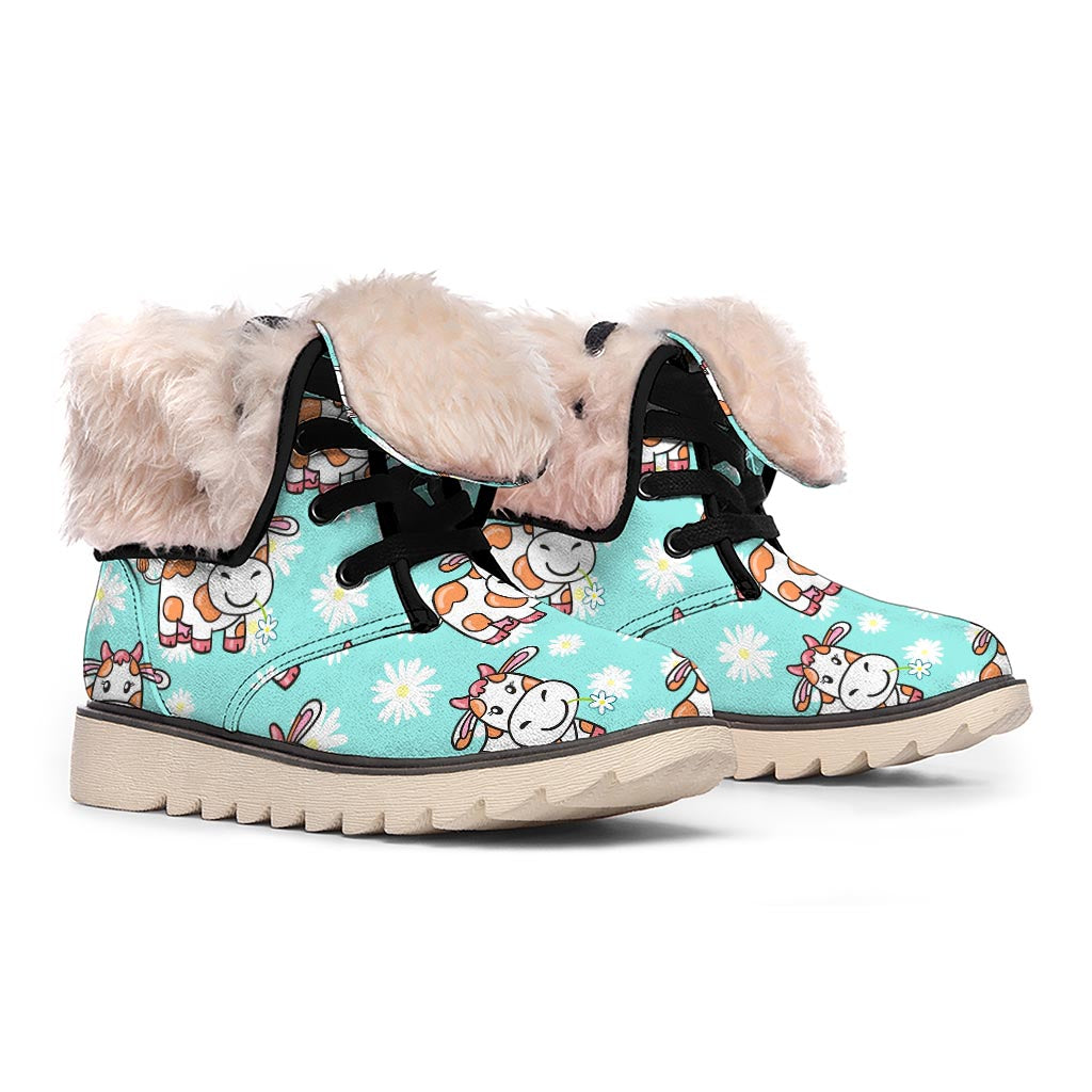 Cartoon Cow And Daisy Flower Print Winter Boots