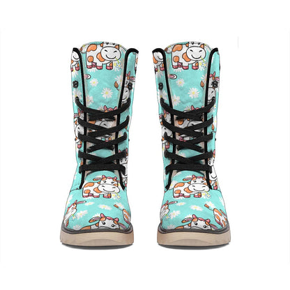 Cartoon Cow And Daisy Flower Print Winter Boots