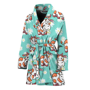 Cartoon Cow And Daisy Flower Print Women's Bathrobe