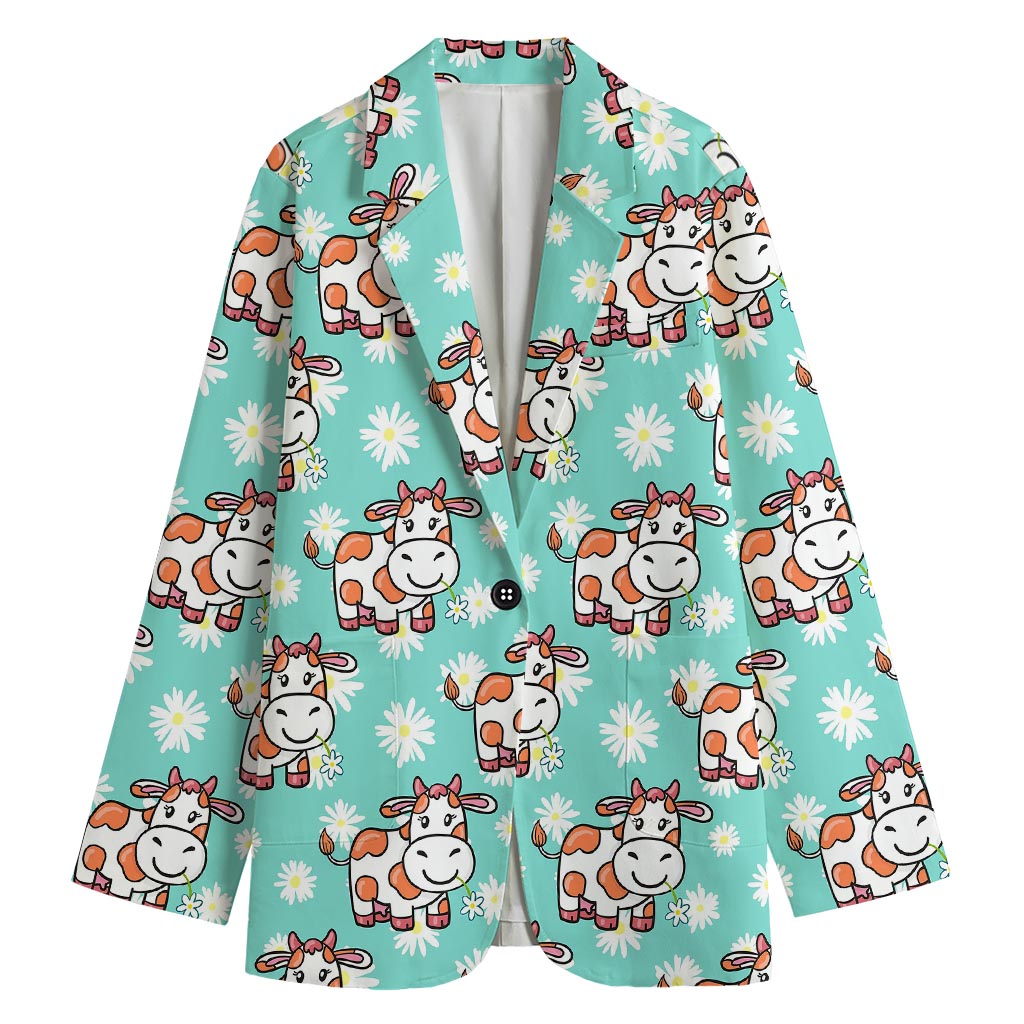 Cartoon Cow And Daisy Flower Print Women's Cotton Blazer