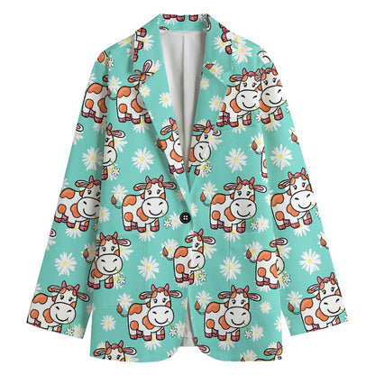 Cartoon Cow And Daisy Flower Print Women's Cotton Blazer