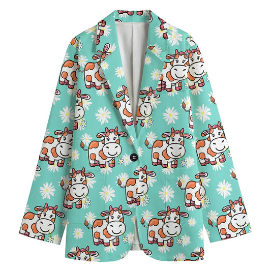 Cartoon Cow And Daisy Flower Print Women's Cotton Blazer