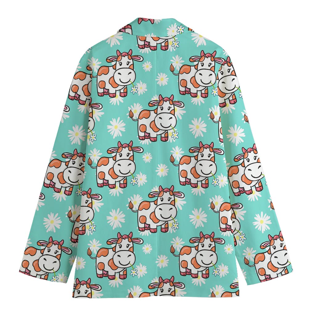 Cartoon Cow And Daisy Flower Print Women's Cotton Blazer