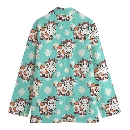 Cartoon Cow And Daisy Flower Print Women's Cotton Blazer