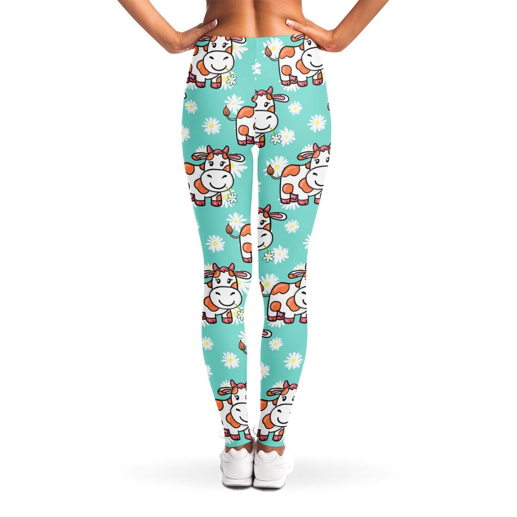 Cartoon Cow And Daisy Flower Print Women's Leggings