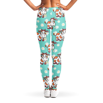 Cartoon Cow And Daisy Flower Print Women's Leggings