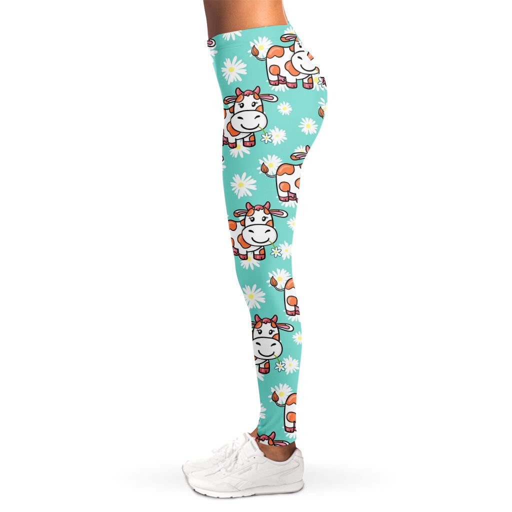 Cartoon Cow And Daisy Flower Print Women's Leggings