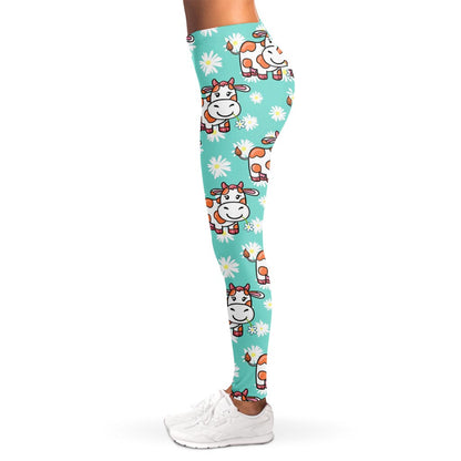 Cartoon Cow And Daisy Flower Print Women's Leggings
