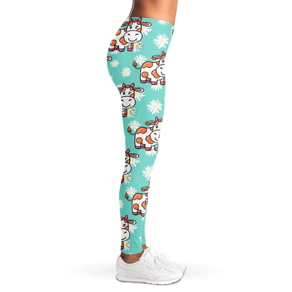 Cartoon Cow And Daisy Flower Print Women's Leggings