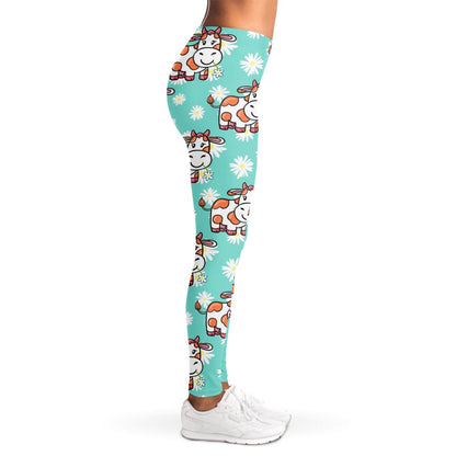 Cartoon Cow And Daisy Flower Print Women's Leggings